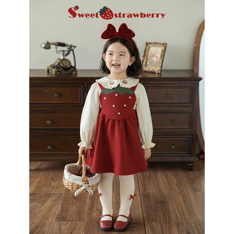 子供用シャツ&amp;ワンピース 女の子 ストロベリー刺繍 襟付きコットンシャツ Aライン ジャンパースカ..