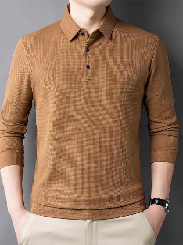 ポロシャツ メンズ 長袖 トップス ワッフル 襟付き 無地 ゆったり 薄手 ポリエステル混紡 春秋 カジュアル ブラック ブルー レッド グリーン ベージュ ホワイト