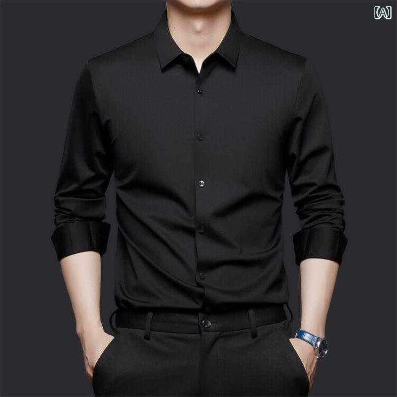 シャツ 男性用 長袖 無地 形態安定 接触冷感 ポリエステル ブラック 上青 カーキ オリーブ 鉄灰