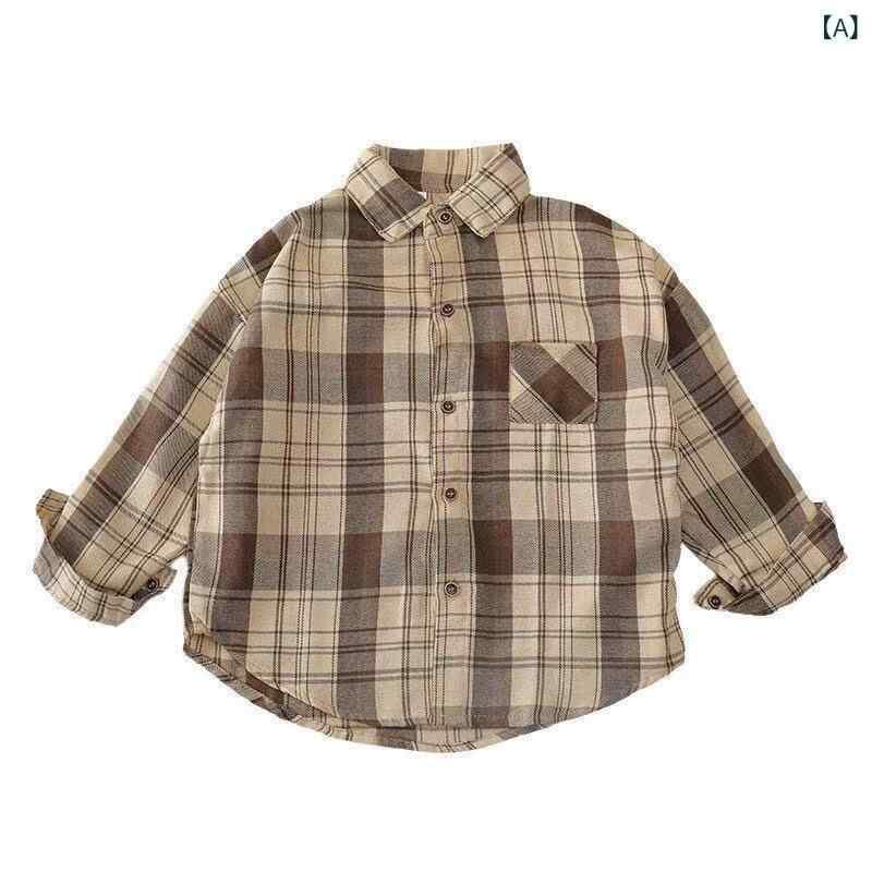 シャツ 男の子 キッズ 子供 長袖 格子柄 コットン 春秋 カジュアル トップス カキ色 コーヒー色