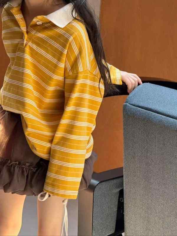 Tシャツ ガールズ ストライプ柄 ポロシャツ 子供服 長袖 トップス 韓国風 春秋 吸湿速乾 イエロー系 12..