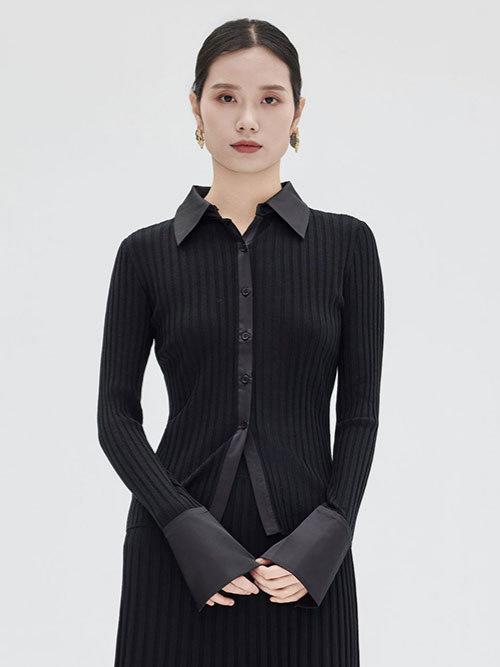 ニットカーディガン レディース トップス 長袖 羊毛 POLO襟 フレア袖 無地 エレガント 通勤着 デイリー 普段使い S M Lサイズ展開 グレー ブラック系