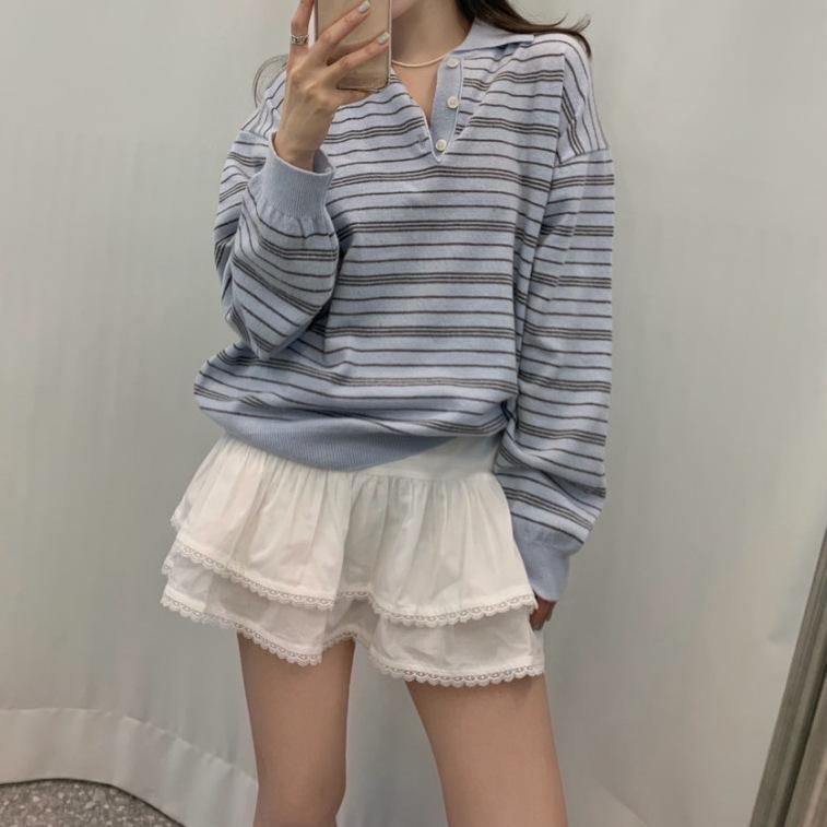 ニット レディース 春物 韓国風 ストライプ ポロ襟 かわいい ブルー 長袖 トップス 韓国 日韓 カジュアル