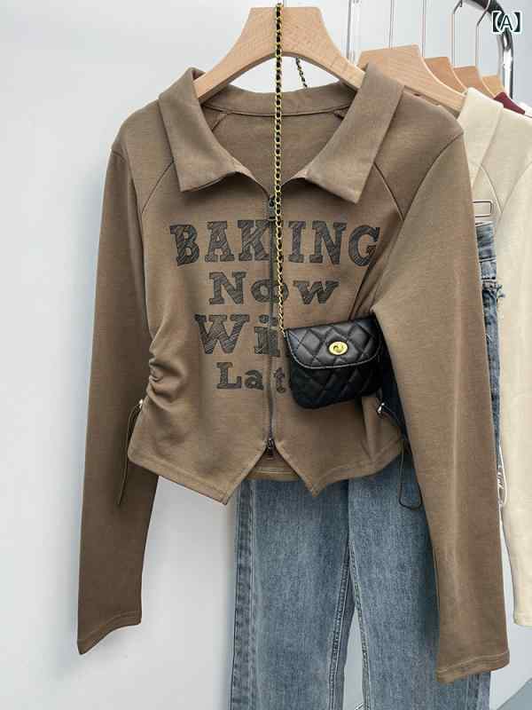 Tシャツ レディース 秋冬 レトロ スウィート ポロネック トップス 長袖 スリム 綿 ポリエステル コーヒ..