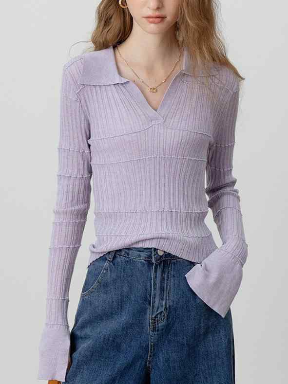 ニット レディース トップス 長袖 プルオーバー 配色 POLO襟 スリムフィット 無地 きれいめ かわいい 彩紫色 白 黒 花灰色