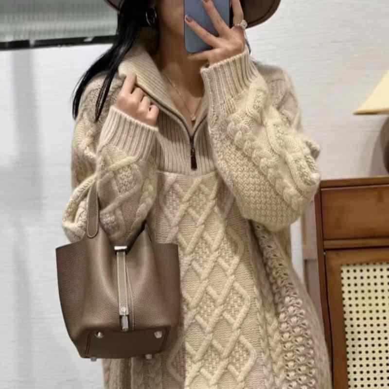 ニット レディース 秋冬 ミドル丈 ゆったり 厚手 ウール プルオーバー トップス チュニック セーター ポロネック 公主袖 かわいい あったか ドロップショルダー ナチュラル カジュアル きれいめ