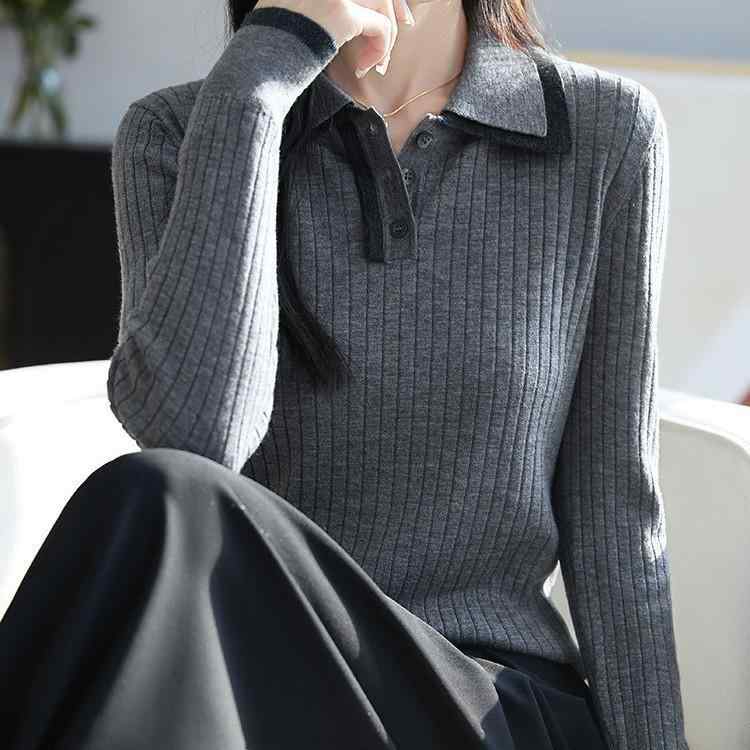 ニット レディース 春秋 POLO襟 ウール セーター カーディガン トップス 長袖 無地 スリム 着痩せ 通勤 オフィス カジュアル グレー系 キャメル