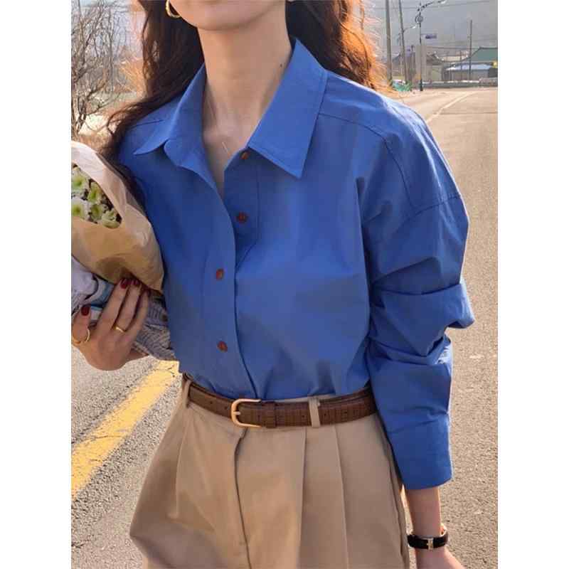 シャツ レディース 韓国風 ポリエステル 綿 切り替え ブラウス トップス 長袖 POLO襟 ゆったり 普段使い 通勤 气质 クラインブルー