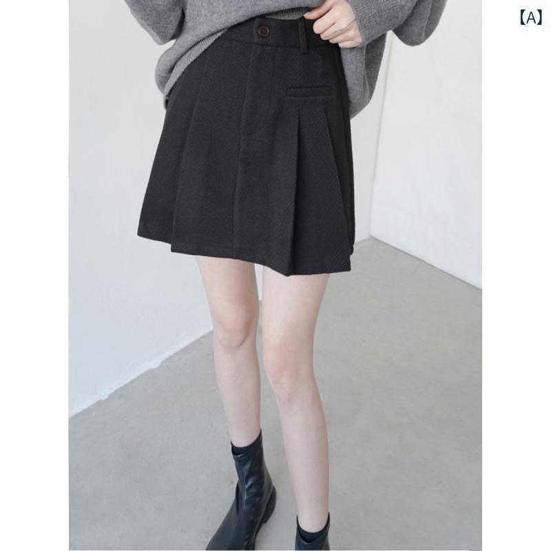 スカート レディース 秋冬 毛織物 ミニスカート Aライン 韓国風 レトロ ハイウエスト 着痩せ プリーツ..