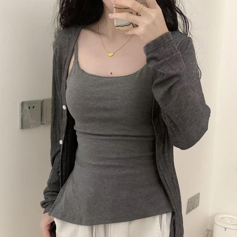 タンクトップ レディース 韓国風 レトロ ドレープ アシンメトリー スリット キャミソール 無地 トップス 綿 カーディガン グレー 杏色 春夏