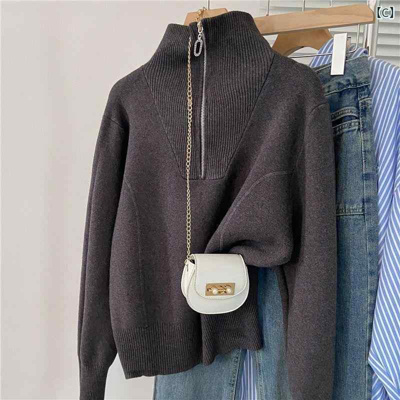 ニット レディース 秋冬 ハーフハイネック プルオーバー 襟付き 長袖 トップス 粘胶纤维 無地 通勤着 ..