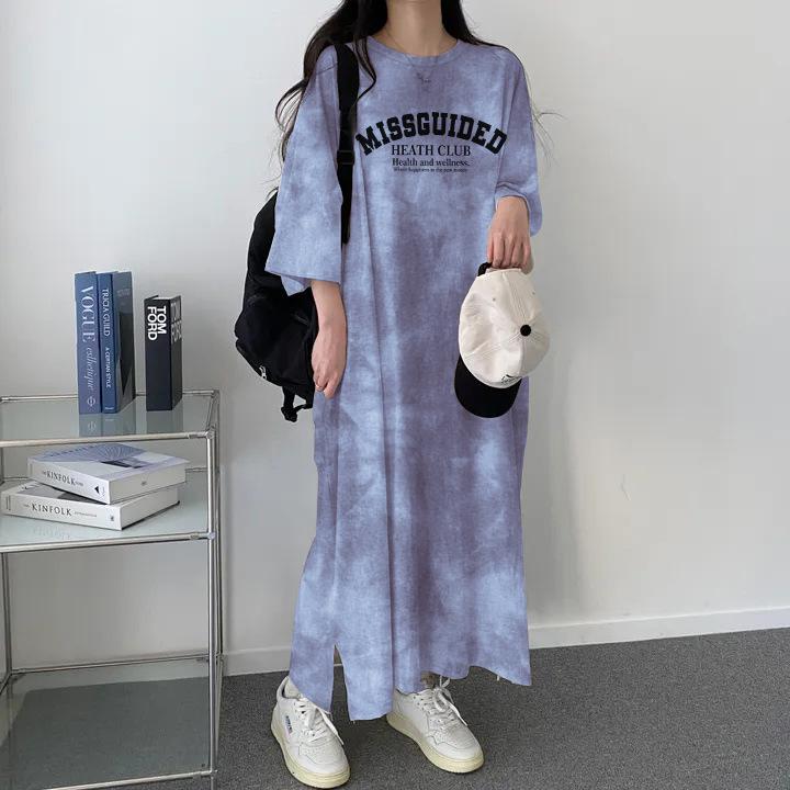 Tシャツ レディース 半袖 チュニック ワンピース ミモレ丈 韓国風 ゆったり 体型カバー Aライン カジュアル 灰色 カーキ色 緑色 青色 紫色 ポリエステル