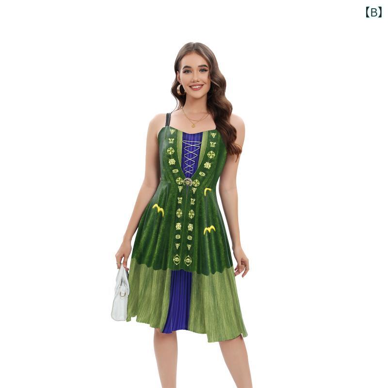 ワンピース レディース ハロウィン コスプレ 魔女風 ノースリーブ 吊りスカート 膝丈 膝下 Aライン フレアスカート 星柄 ポリエステル 欧美風 パーティードレス(4)