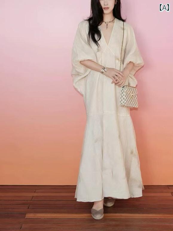 ワンピース レディース Vネック ゆったり 中国風 チャイナドレス ロングワンピース チュール 紗 染め柄 パフスリーブ 高見え 文芸 レトロ ポリエステル(4)