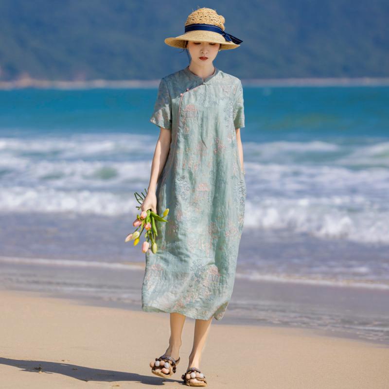 チャイナドレス レディース 春夏 中国風 刺繡 チュニックワンピース 苎麻 Aライン ロングワンピース 半袖 立襟 ゆったりサイズ 文芸 复古 ポケット付き 銅緑