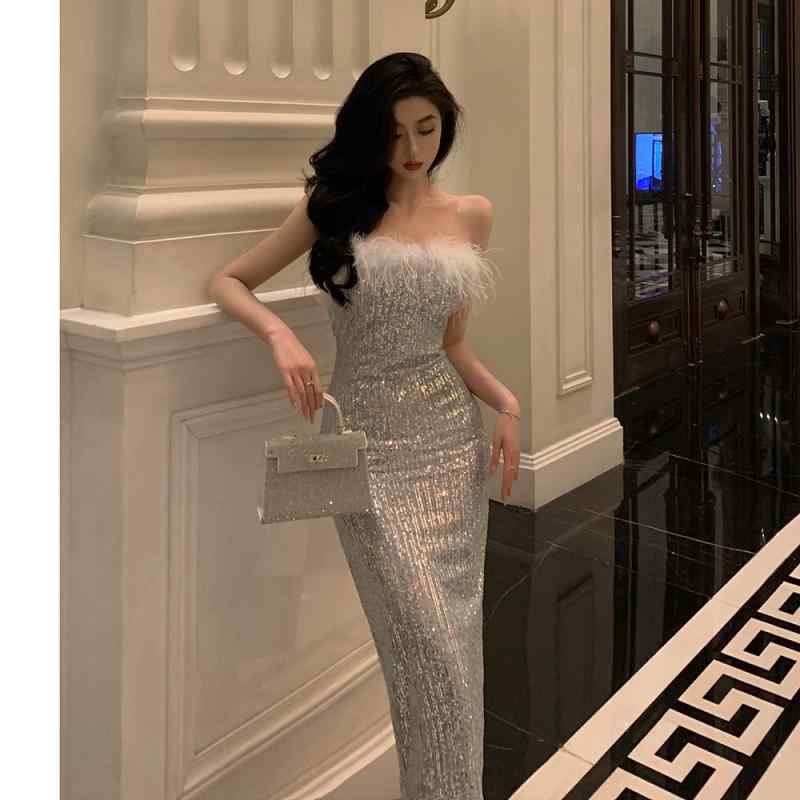 ワンピース レディース 高級感 羽根 切り替え スパンコール イブニングドレス パーティードレス 結婚式..