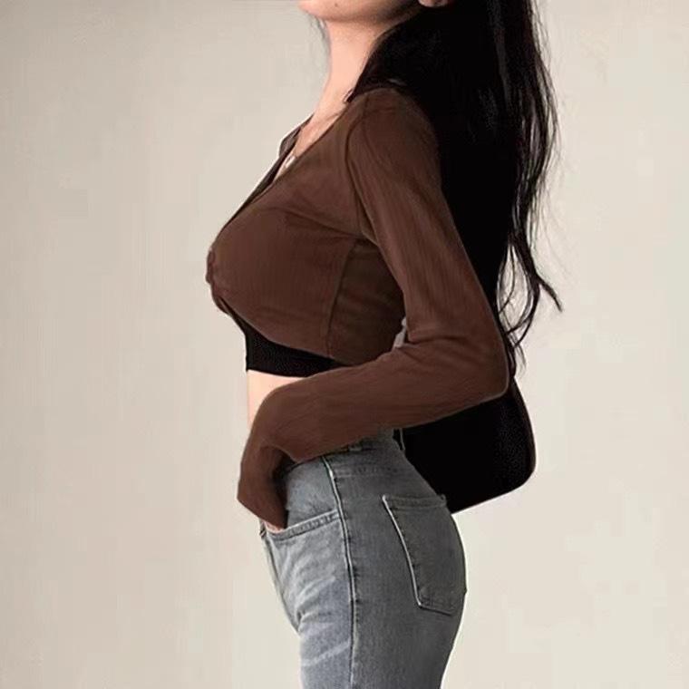Tシャツ レディース 韓国風 アンサンブル ラウンドネック 縦縞 長袖 トップス キャミソール ポリエステル 伸縮性 コーヒー色