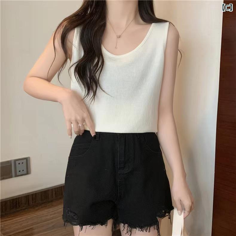 タンクトップ レディース 韓国風 無地 ワッフル Uネック トップス カットソー ノースリーブ コットン混..