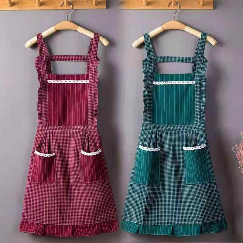 エプロン レディース 全綿 コットン 格子柄 フリル かわいい カフェ 料理 ギフト 赤色 緑色 コーヒー色