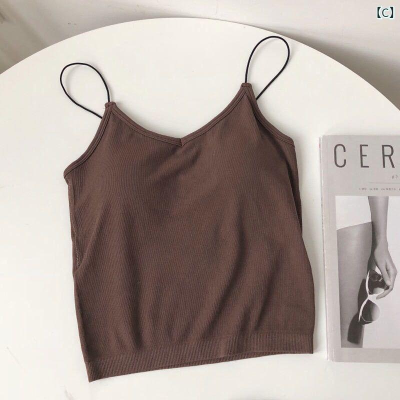 タンクトップ レディース トップス 韓国風 デザイン カットソー Vネック キャミソール 無地 ポリエステル混紡 カジュアル スタイル 春夏