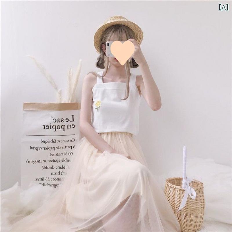 タンクトップ レディース 韓国風 デザイン 夏物 トップス 刺繍 ノースリーブ インナー ショート丈 かわいい ポリエステル 白 黒 オレンジ 水色