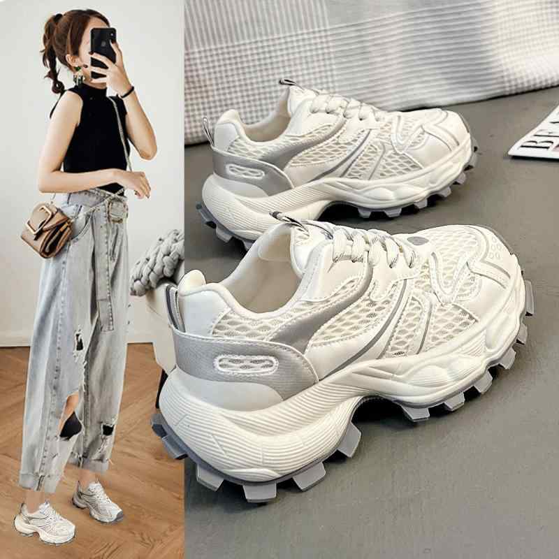 スニーカー レディース 運動靴 ランニングシューズ メッシュ 通気性 普段使い 軽量 滑り止め アイボリ..