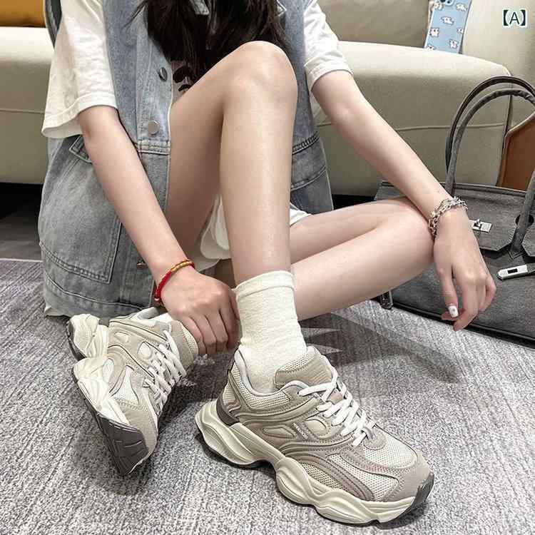 スニーカー レディース 厚底 ランニングシューズ 本革 メッシュ 通気性 スポーツ カジュアル 運動靴 カーキ色 深灰色(4)