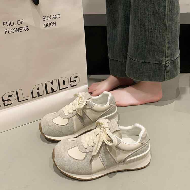 スニーカー レディース 紐靴 ローカット 運動靴 ランニングシューズ ぺたんこ 柔らかい 滑り止め 通気性 ラウンドトゥ 春夏 イエロー パープル ベージュ(4)