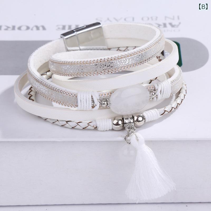 ブレスレット レディース レザー 天然石 マグネット 編み込み 多層 ブラック ホワイト グレー ブルー レッド ピンク系 幾何学模様 個性派 普段使い