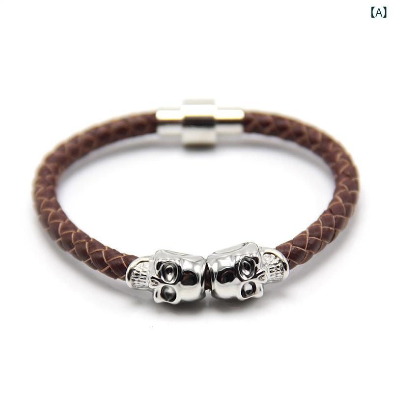 ブレスレット メンズ 男性用 牛革 スカル ドクロ 髑髏 朋克風 レザー 手作り ハンドメイド ブラウン ブラック レッド ピンク ブルー グリーン グレー