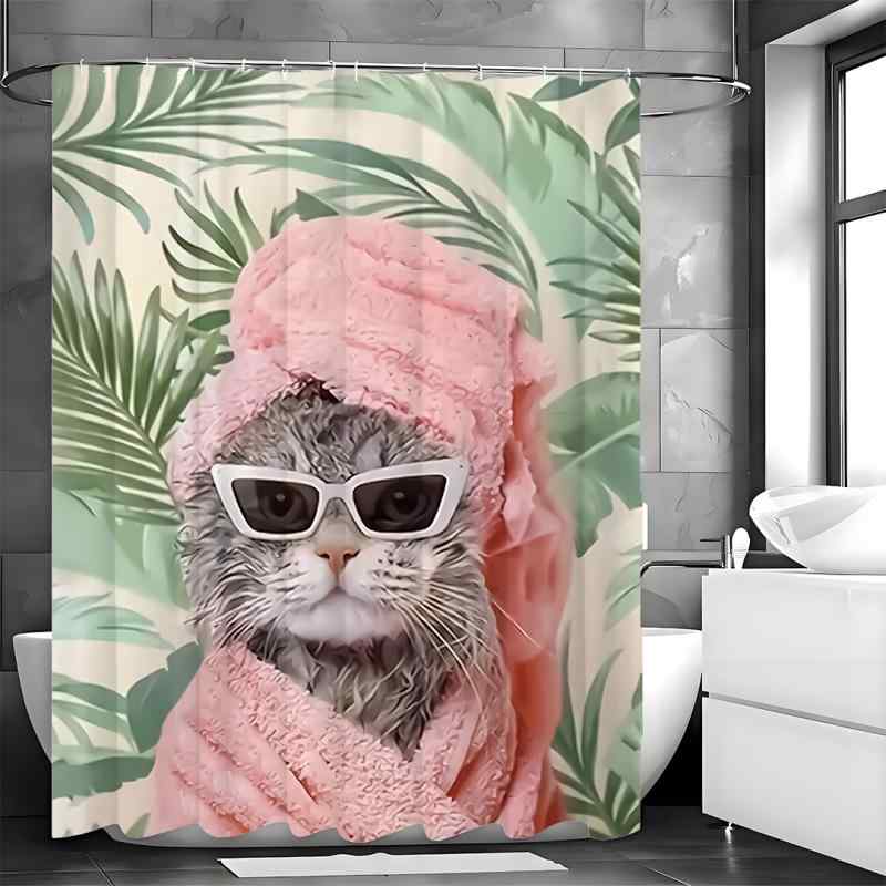 カーテン レディース 猫柄 サングラス ポリエステル 浴室用 バスカーテン ユニットバス用 間仕切り 目..