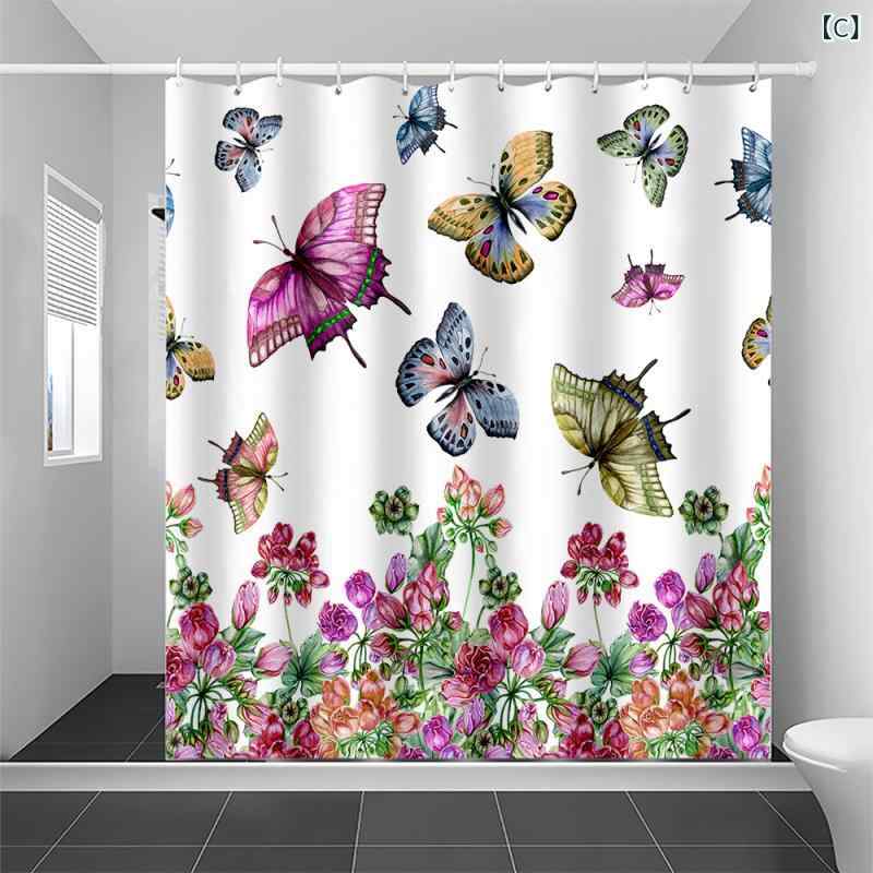 カーテン レディース バスカーテン 間仕切り 防水 ポリエステル製 蝶柄 彩色 浴室 洗面所 脱衣所