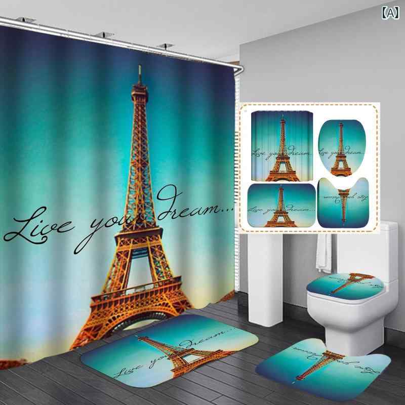 カーテン 浴室用カーテン 4点セット 防水 間仕切り 鉄塔柄 ポリエステル バスルーム ホテル アフリカ ヨーロッパ 南米 東南アジア 北米