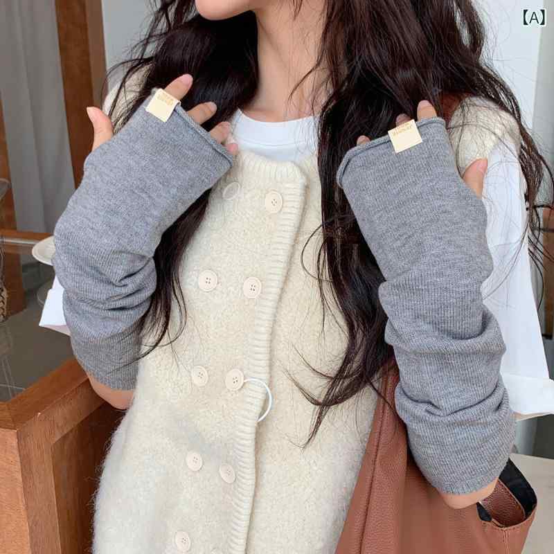 手袋 レディース 秋冬 指なし ニット グローブ スマートフォン対応 厚手 防寒 アームウォーマー グレー ホワイト ブラック