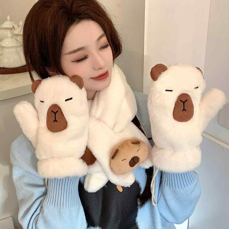 手袋 レディース 冬用手袋 かわいい カピバラ 動物柄 手袋 全指 ミトンタイプ 首掛け 紐付き 防寒対策 ..