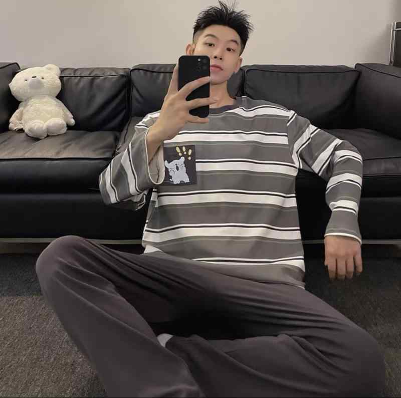 パジャマ メンズ 男性用 長袖 寝巻き ルームウェア 上下セット 部屋着 丸首 ポリエステル 薄手 春 秋 ゆったり 大きめサイズ ストライプ ベア 熊 かわいい