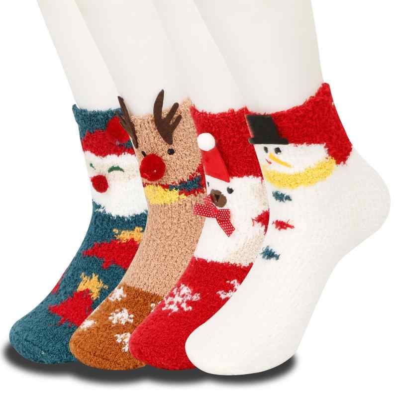 靴下 レディース クリスマス ソックス 中筒丈 厚手 防寒 あったか サンゴフリース かわいい 睡眠用 カートゥーン トナカイ 雪だるま ポリエステル 秋冬