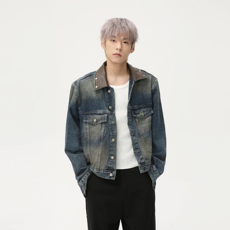 ジャケット 男性用 PUレザー 切り替え デニム アウター 金属 リベット 飾り 春