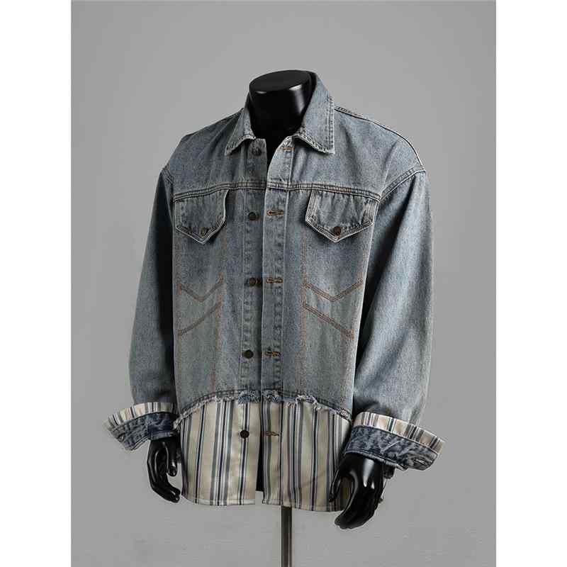 シャツ メンズ ストライプ 切り替え デニム ジャケット Gジャン アウター 男性用 トップス スプリングコート 羽織り 長袖 コットン 普段使い