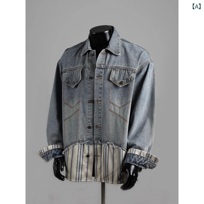 シャツ メンズ ストライプ 切り替え デニム ジャケット Gジャン アウター 男性用 トップス スプリングコート 羽織り 長袖 コットン 普段使い