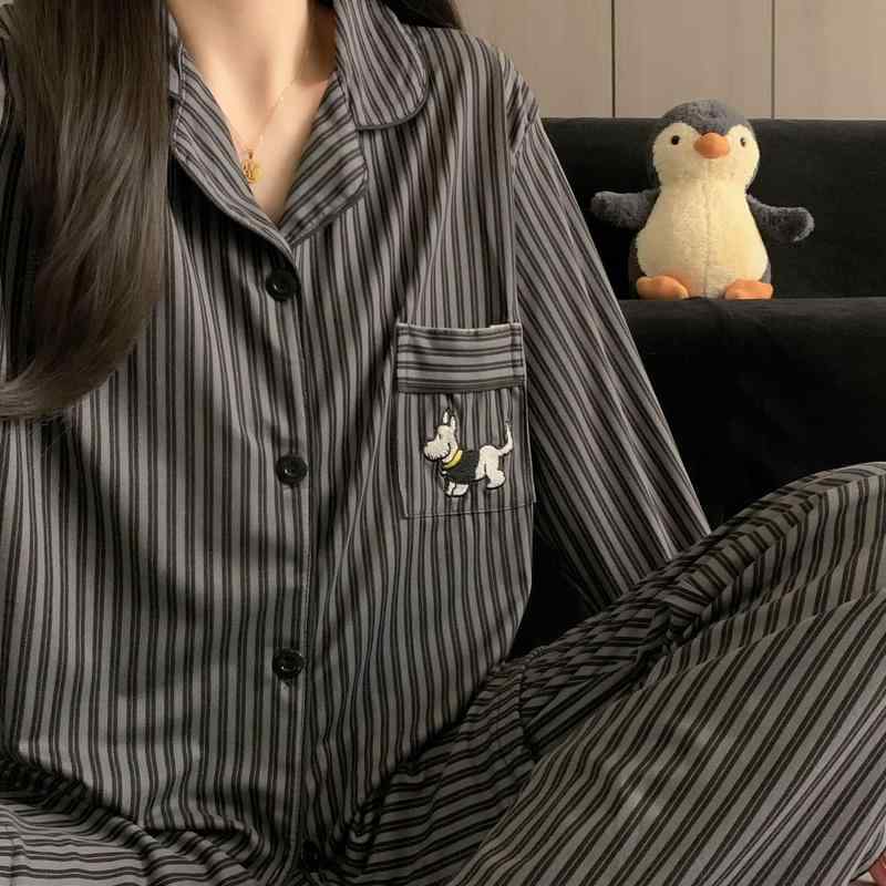 パジャマ レディース メンズ 長袖 長ズボン 上下セット カップル グレー 刺繡 ダックスフンド 犬柄 春秋 ルームウェア 部屋着 寝巻き 薄手 通気性 伸縮性 快適