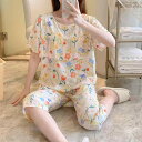パジャマ レディース ルームウェア 上下セット 薄手 半袖 7分丈パンツ コットン 寝巻き 部屋着 かわいい ゆったり 通気性 夏 斑点米白 桔子米白 ブルー ...