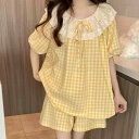 パジャマ レディース 春夏 半袖 短パン 韓国風 レース チェック柄 ルームウェア 上下セット 部屋着 かわいい 涼しい 快適 ポリエステル