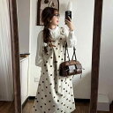 ワンピース レディース 波点 ドット柄 毛織 ベストワンピース セットアップ 杏色 トップス 長袖 御姐スタイル 膝下丈 エレガント