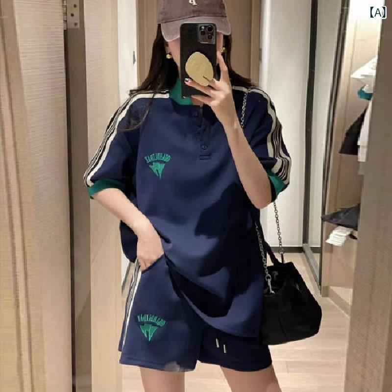 スポーツウェア レディース セットアップ 半袖Tシャツ ハーフパンツ 2点セット 韓国風 ルームウェア 部屋着 ゆったり 体型カバー 普段使い ネイビー 接触冷感 吸湿速乾