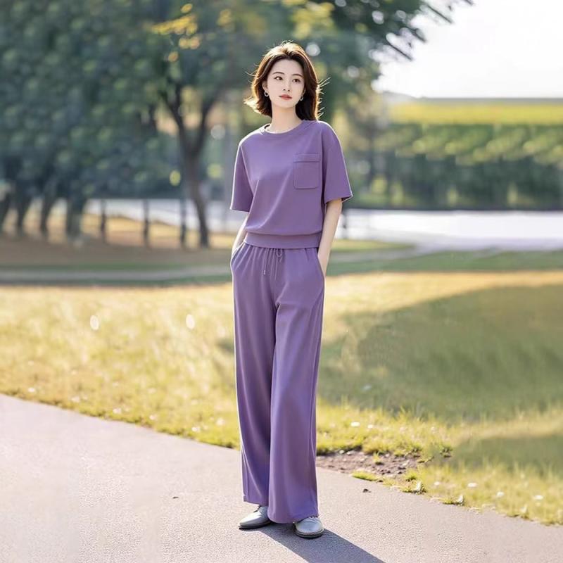 セットアップ レディース カジュアル 普段使い 部屋着 半袖 Tシャツ ワイドレッグ パンツ 2点 上下セット ポリエステル パープル M L XL XXL 3...