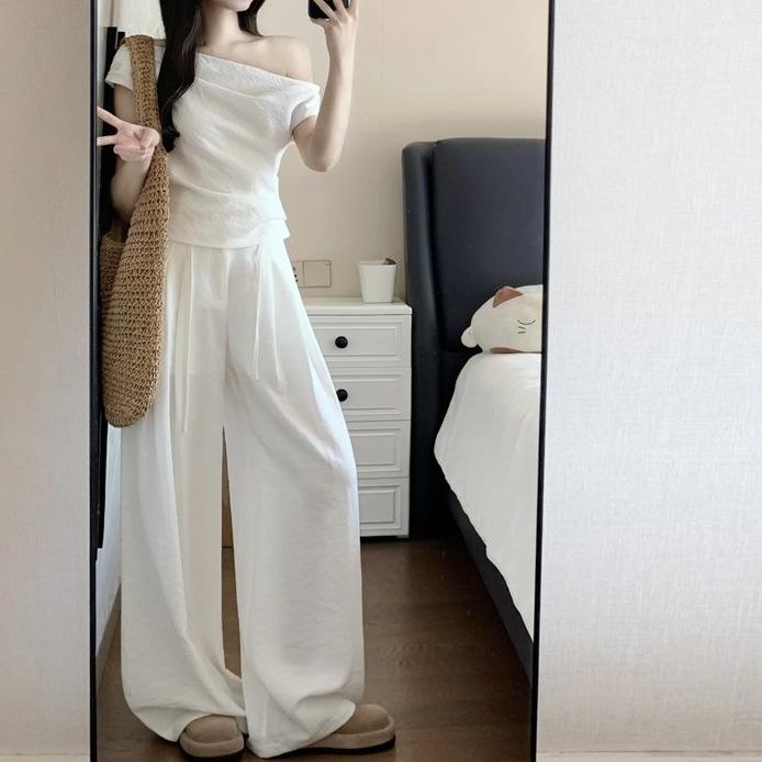 セットアップ レディース 韓国風 トップス ズボン 2点セット ノースリーブ Tシャツ ワイドレッグパンツ 無地 ポリエステル リラックス ルームウェア 普段使い