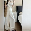 セットアップ レディース 韓国風 トップス ズボン 2点セット ノースリーブ Tシャツ ワイドレッグパンツ 無地 ポリエステル リラックス ルームウェア 普段使...