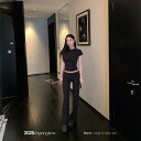 ヨガウェア レディース スリムフィット 半袖Tシャツ パンツ 上下セット ポリエステル 無地 スポーティー カジュアル 部屋着 ルームウェア ブラック グレー