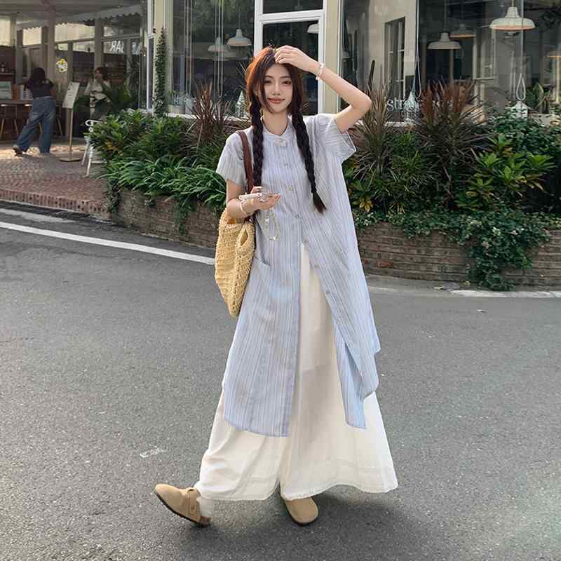 セットアップ レディース ストライプ柄 シャツワンピース ワイドパンツ 2点セット 涼しい 快適 普段使..